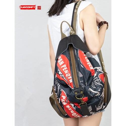 2020 New Women Backpack Shoulder Bag Student Backpack Retro Travel Backpacks with Cowhide Leather Large Capacity Canvas Female