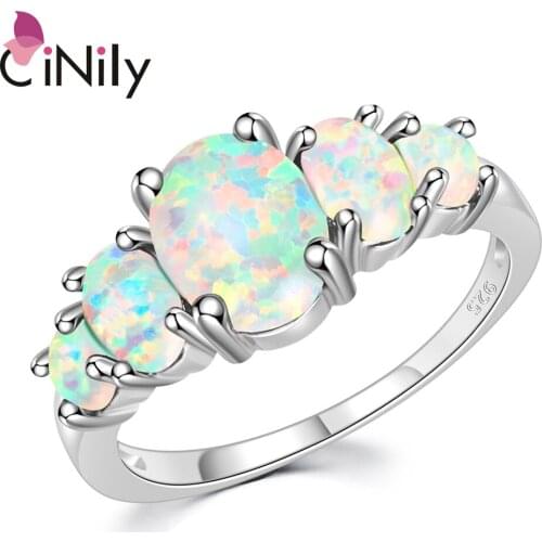 CiNily White Fire Opal Rings With Oval Big Stone Silver Plated Wedding Engagement Minimalist Bohemia Boho Jewelry Size 10 11 12