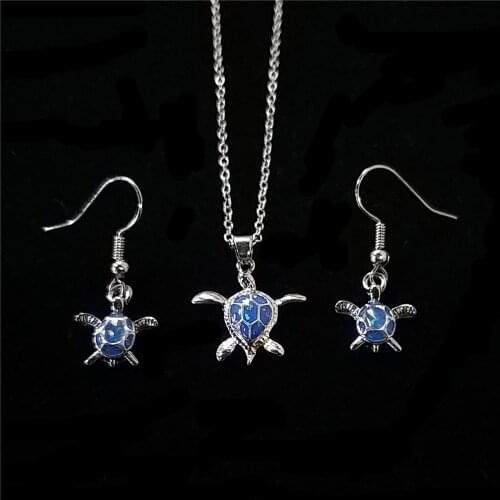 Sea Turtle Fire Opal Pendant Annimal Beach Charm Chain Necklace Earring Set Gift
