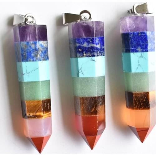 Rainbow 7 Chakra Layered Purple Crystal Lapis Aventurine Tiger eye stone 12x50mm pendants for jewelry making 3pcs/lot wholesale