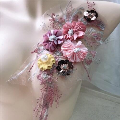 Colorful 3D Flower Appliques Embroidered Pearl Beaded Lace Applique Luxury Sequin DIY Wedding Dress Prom Gown Bridal Headpiece