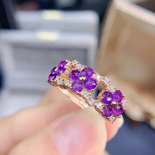 Luxurious wide Clover S925 silver natural amethyst gem ring natural purple crystal ring woman girl weddings gift jewelry