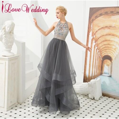 Sexy Formal Dress Halter Delicate Beaded Evening Gown Sleeveless Gray Tulle Ruffles A Line Evening Party Gown
