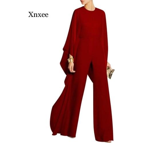 Chiffon Women Full Bat Sleeve Straight Rompers Elegant Long Pants Wide Legs Jumpsuit Formal Dinner Office Sexy Solid Trousers