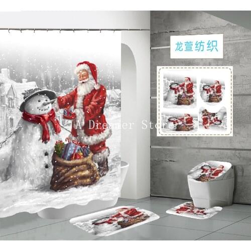 Santa Claus Snowman Printed 3D Shower Curtain Set Christmas Cartoon Home Decoration Bathroom Curtains With Rugs Non-slip Bat Mat