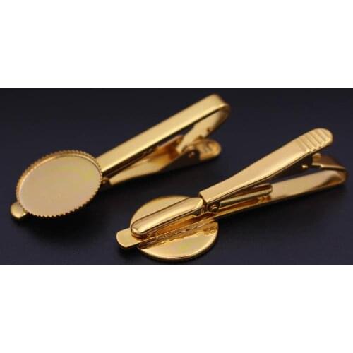 Gold Color Tie Clip Pins Clasps Mens Tie Bar with 18mm Circle Bezel Cabochon Base Blanks Metal Findings DIY Clothes Accessories
