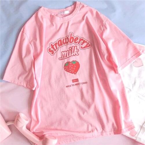 Sweet Strawberry Milk Cute Cartoon Graphic Pink Girls Summer Streetwear Casual Top Japan Fun Kawaii Casual Vintage women T-shirt