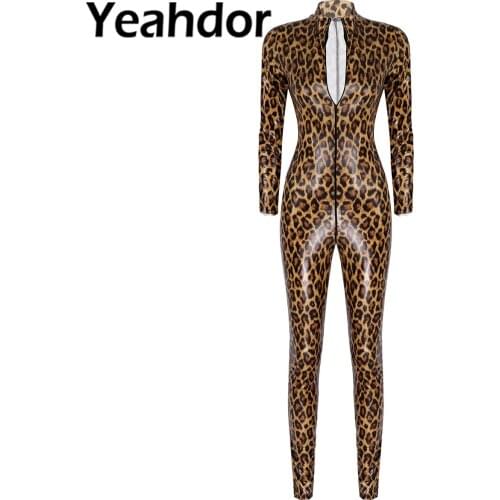Womens Fashion Shiny Leopard Print Patent Leather Bodysuit Stand Collar Long Sleeve Zipper Catsuit Leotard Slim Fit Jumpsuit