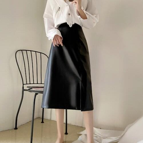 Temperament Fall Faux Leather Skirts Woman 2021 New All Match Soft PU Jupe Skirt High Waist Solid Fashion Split Faldas Mujer