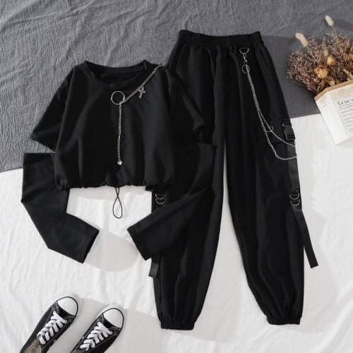 Women Harajuku Cargo Pants Two-Piece Suit Chain Long Sleeve+Ribbon Pants Hip Hop Jazz Dance Costumes Gogo Dancer Outfit DN9252