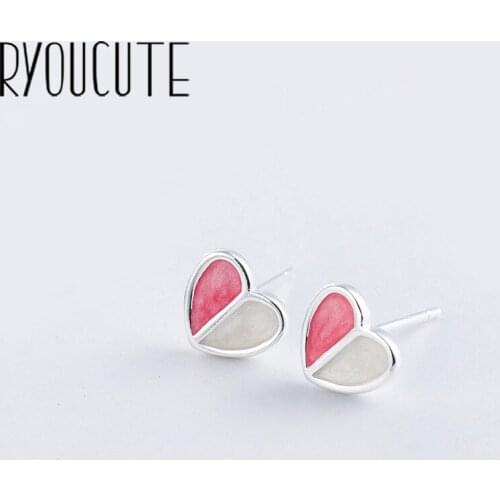 RYOUCUTE Real Silver Color Pink Heart Earrings for Women Female Jewelry Pure Silver Earrings Girls Gift Pendientes