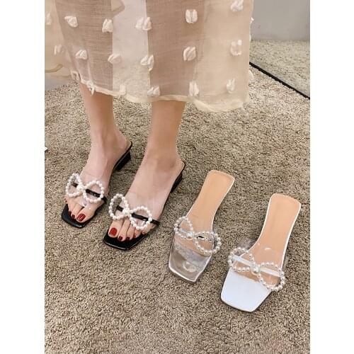 Womens Shoes 2021 Summer New Style Slippers Sweet Pearl Bow Thick Heel Transparent Mid-heel Shoes