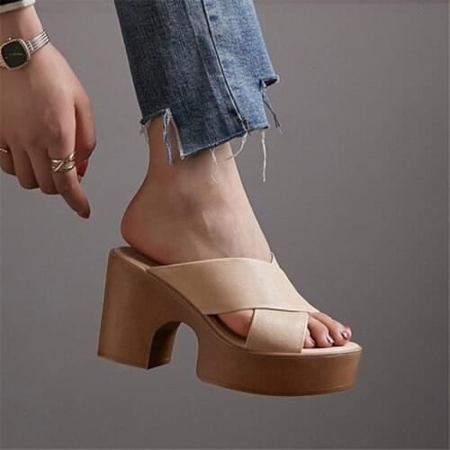 PXELENA Vintage Retro Women Chunky Block High Heels Slides Genuine Leather Summer Platform Slippers Punk Rock Gothic Shoes 2020