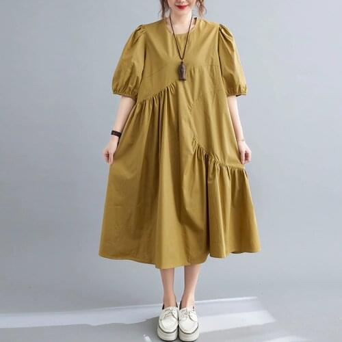 Puff Sleeve Fashion Women Dress 2021 New Arrival Short Sleeve Loose Summer Dress Folds Cotton Holiday Travel Casual Midi Dress