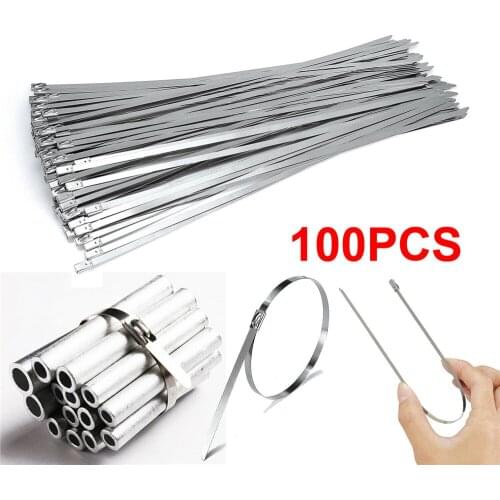100Pcs Stainless Steel Cable Ties 4.6mm Heavy Duty Self-Locking Cable Zip Tie Multi-Purpose Metal Exhaust Wrap Locking Ties