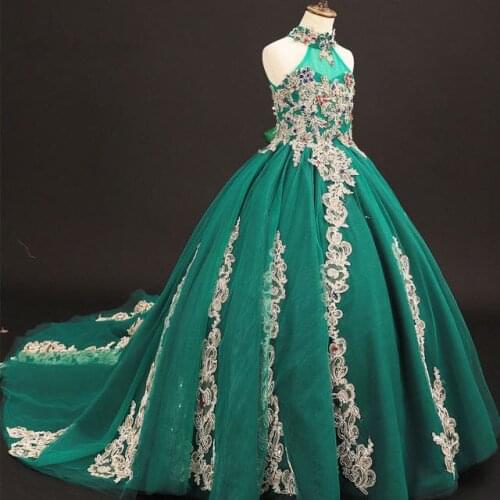 Halter Golden Lace Applique Green Princess Ball Gowns Puffy Flower Girls Dresses Golden Lace Applique Celebrity Birthday Dress