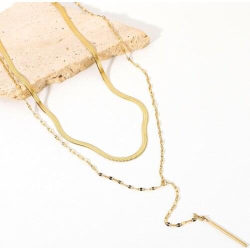 Minar Rock Gold Color Double-layer Stainless Steel Flat Chain Chokers Necklace for Women Metallic Pendant Necklace Jewelry
