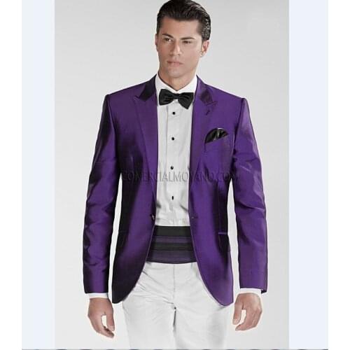 Purple Jacket White Pants) Groomsmen Peak Lapel Groom Tuxedos Men Suits Wedding Best Man (Jacket+Pants+Tie+Hankerchief) B857