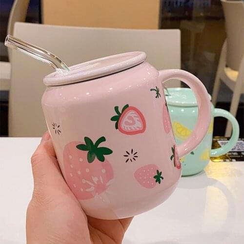 New Creative Cute Fruit Ceramic Mug With Straw Ins Style Strawberry Cup Water Bottle for Girls Couple Porcelain Mugs Coffee Cups
