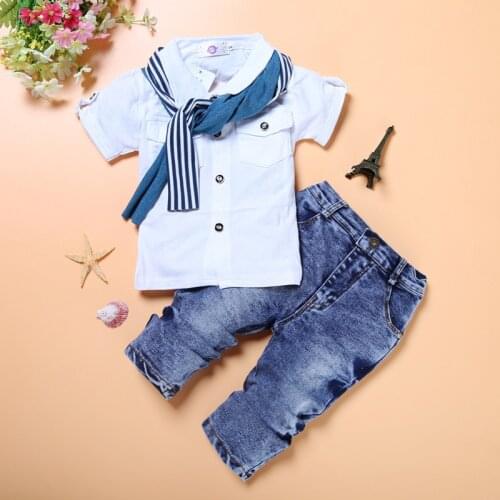 Fashion Baby Boy 3-Pieces Clothes Sets Children Shirt + Jean + Scarf Suit Boys Outfits Kids Clothing Casual Infant Clothing Pant