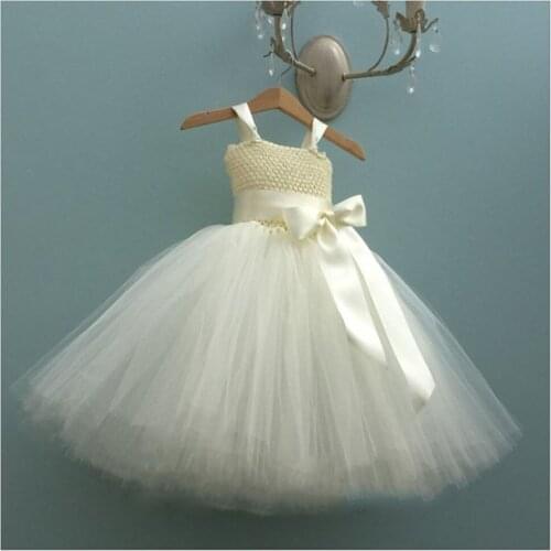 Ivory Flower Girl Dress with Bow Kids Girls Fluffy Long Ball Gown Junior Bridesmaid Birthday Cake Smash Special Occasion Dresses