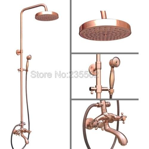 Antique Red Copper 7.7 inch Rainfall Bathroom Shower Faucet Set Wall Mounted Dual Cross Handle Bathtub Mixer Taps lrg502