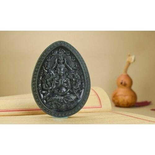 Natural Hetian jade jade thousand hand Guanyin brand tower green a fine Guanyin carved pendant pendant hp290