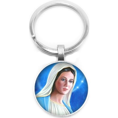 2019 New Virgin Mary Key Ring Church Believer Keychain 25mm Glass Convex Key Ring Circle Gift Jewels