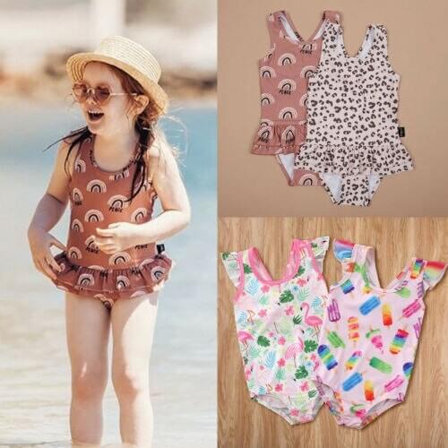 1-6Y Toddler Baby Girls Swimsuit Leopard Print Ruffles Sleeveless Swimwear Swimming Clothes