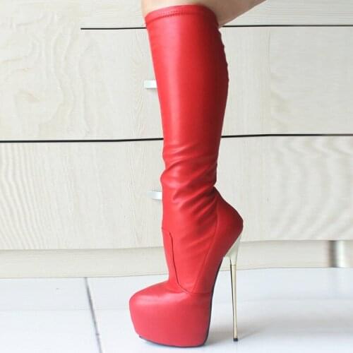 22CM Ultra High Heel Gold Metal Heels Round Toes PU Leather Zipper Knee High 6Cm Platform Sexy Fetish Dance Motorcycle Boots