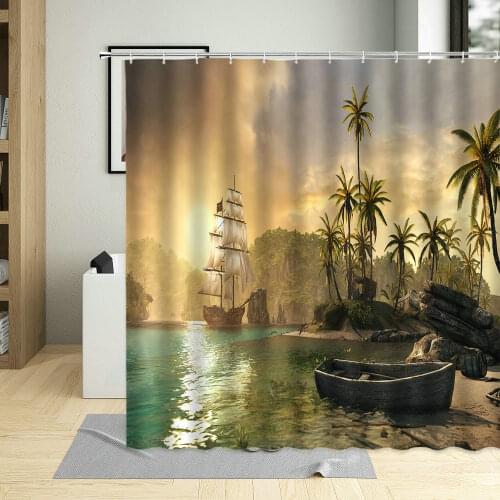 Pirate Ship Ocean Coconut Tree Shower Curtains Water Color Colorful Ink Style Bird Sailboat Bathroom Decor Waterproof Curtains