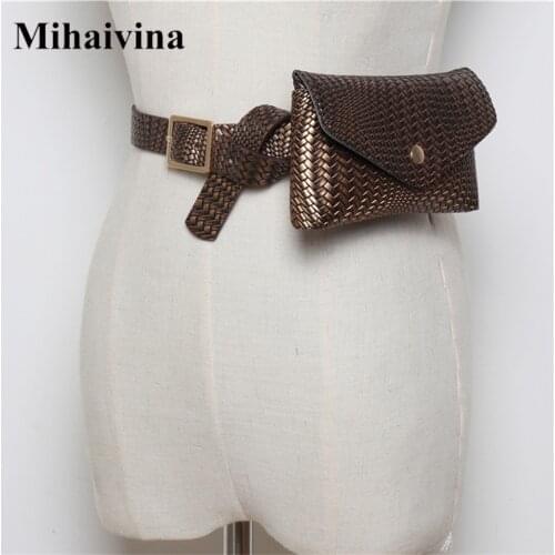 Mihaivina Fashion Weave Fanny Packs For Women Knitting Waist Bag Vintage PU Leather Waist Pack Travel Belt Bags Shopping Wallet