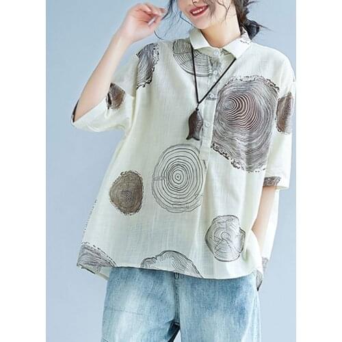Women Cotton Linen Casual Shirts New Arrival 2021 Summer Arts Style Vintage Print Turn-down Collar Loose Female Tops S3127