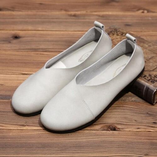 Summer Spring Women Flat Shose Genuine Leather Round Head Retro Asakuchi Grandma Shoes Ladies Single Shoes Female Shose hy140