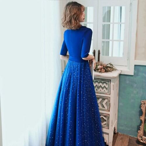 New Simple Evening Dress Banquet Elegant V-neck Half Sleeve Floor-length Long Party Formal Gown Robe De Soiree 2020
