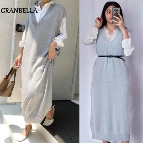New arrival 2020 Long Sweater Dress Side Pocket Loose Knitted Sleeveless Women Vest Casual Autumn Dresses With Belt