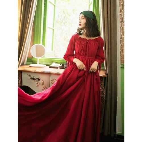Design Spring Original Women Vintage Elegant Sexy Slash Neck High Waist Cotton Linen Deep Red Big Swing Dresses