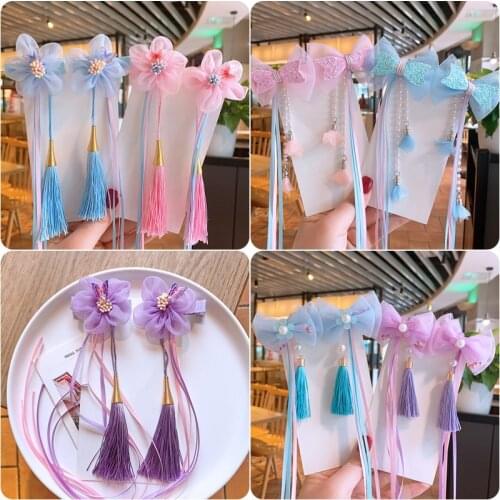 1pair Women Girl Kid Hanfu Hairpin Flower Bead Tassel Yarn Ribbon Hair Clip Pin Accessories Barrettes Cosplay Chinese Style