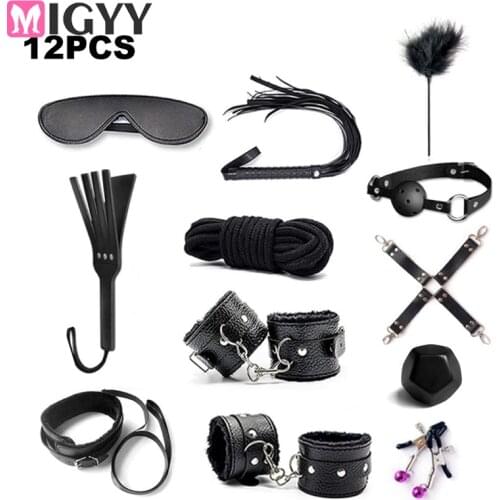 12PCS/set Leather Sex Toys For Adult Game Erotic BDSM Sex Kits Bondage Handcuffs Sex Game Whip Gag SM Bdsm Toys Nipple Clamps