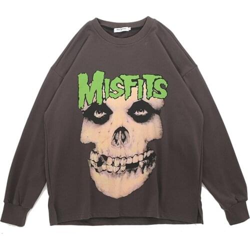 2021 Dark Streetwear Skull Printed Hip Hop Punk Retro Men T Shirt Long Sleeve Stylish Loose Sweatshirs Pullover Gothic Clothes