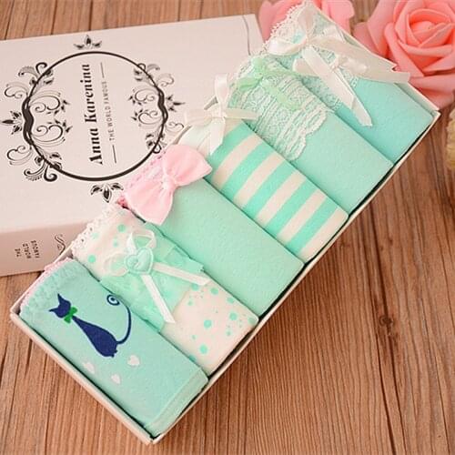 6pcs/lot New Cotton Milk Green Teenage Girl Underwear Ladies Underwear Short Briefs Japanese Korean Middle Waist Girls Panties