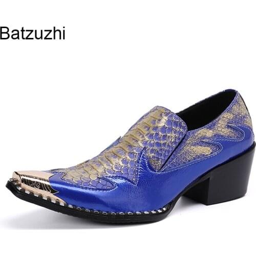 Batzuzhi New Design Mens Shoes Iron Pointed Toe Leather Dress Shoes Men Blue Business, Party, Wedding Shoes for Men Sapato