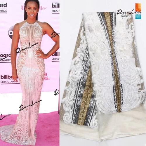 White Sequins Net Lace Fabrics African High Quality 2020 Sequined Embroidered Mesh Tulle Lace Material For Wedding Dress Fabrics