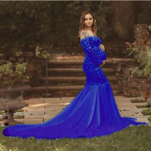 Maternity Long Tailing Dress V-Neck Lace Chiffon Stitching Maxi Gown Pregnant Women Fancy Photo Shoot Photography Props Clothes