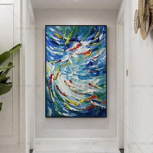 Modern Blue Fishes Lucky Canvas Painting Picture 100% Handmade Painting for Living Room Wall Art Decoration Bedroom Home Decor