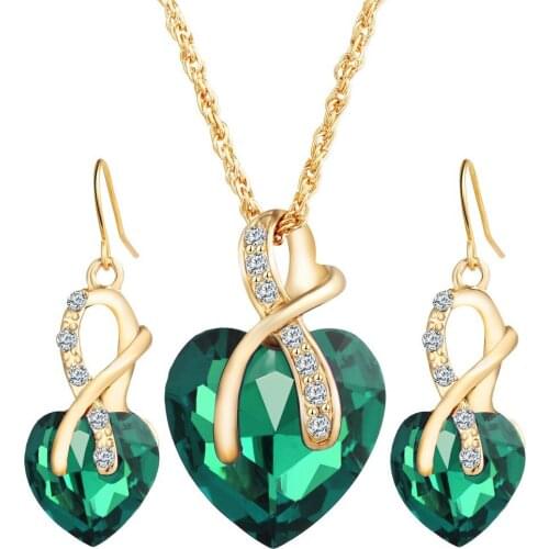 10 sets/lot Heart Jewelry Sets Women Gold Color Crystal Hollow Zircon Charm Necklace Earrings Set Bridal Wedding Accessories