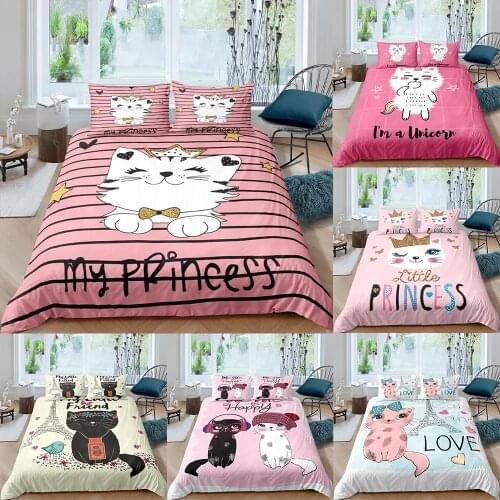 Cat Bedding Set Cute Pet Kitten Luxury Princess Bedroom Duvet Cover Set Comforter Cover Pillowcase Cartoon Bedclothes For Girl