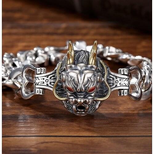 New Silver Jewelry Personality Domineering Heavy Industry Mens Chain Thai Silver Fashion Retro Dragon Roar Nine Days Bracelet