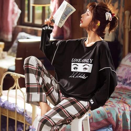 Autumn Winter long sleeve pajamas suit women cotton lovely home clothing for ladies o-neck lounge wear pijamas casual sleepwear