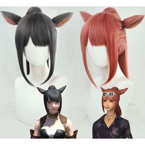 Two Colors FF14 G'raha Tia Wig with Ears Final Fantasy XIV Cosplay Wig Synthetic Hair Heat Resistant Halloween Role Play